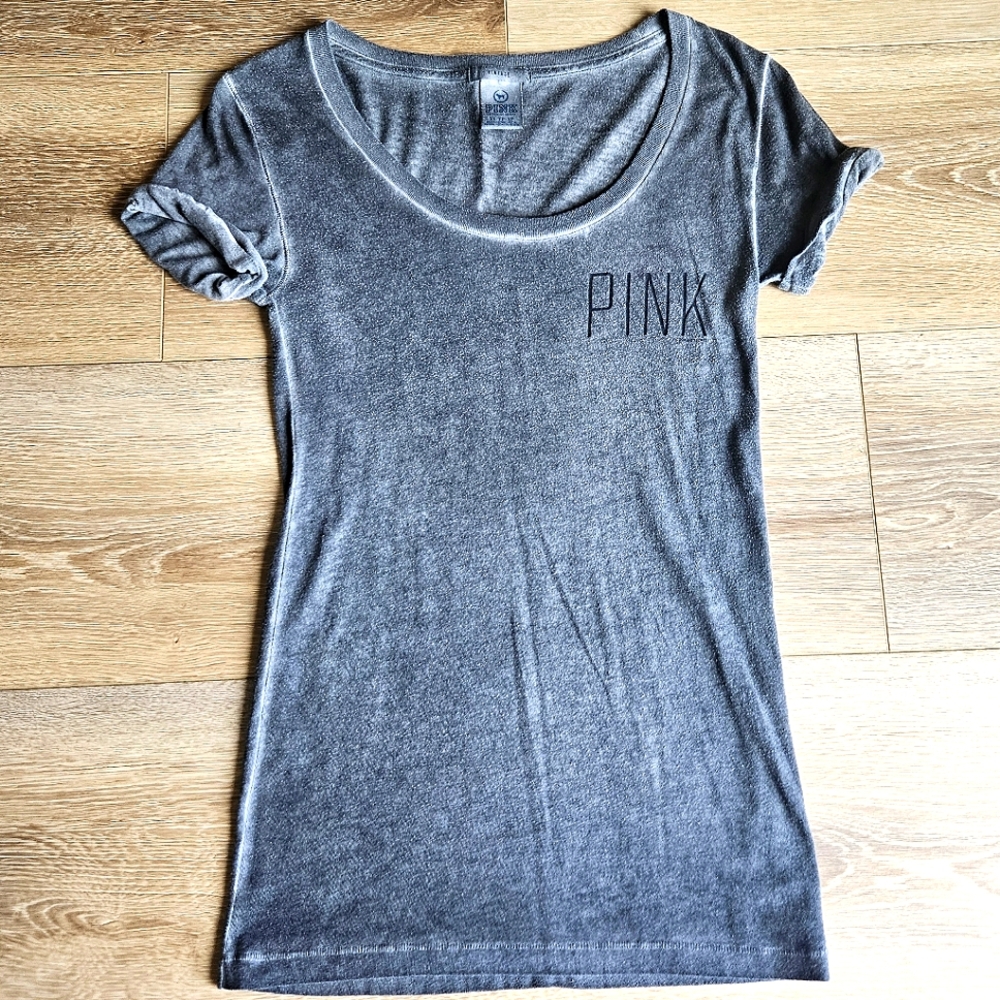 Victoria's Secret LOVE PINK Vintage Wash Charcoal Gray Short Sleeve Tee Shirt